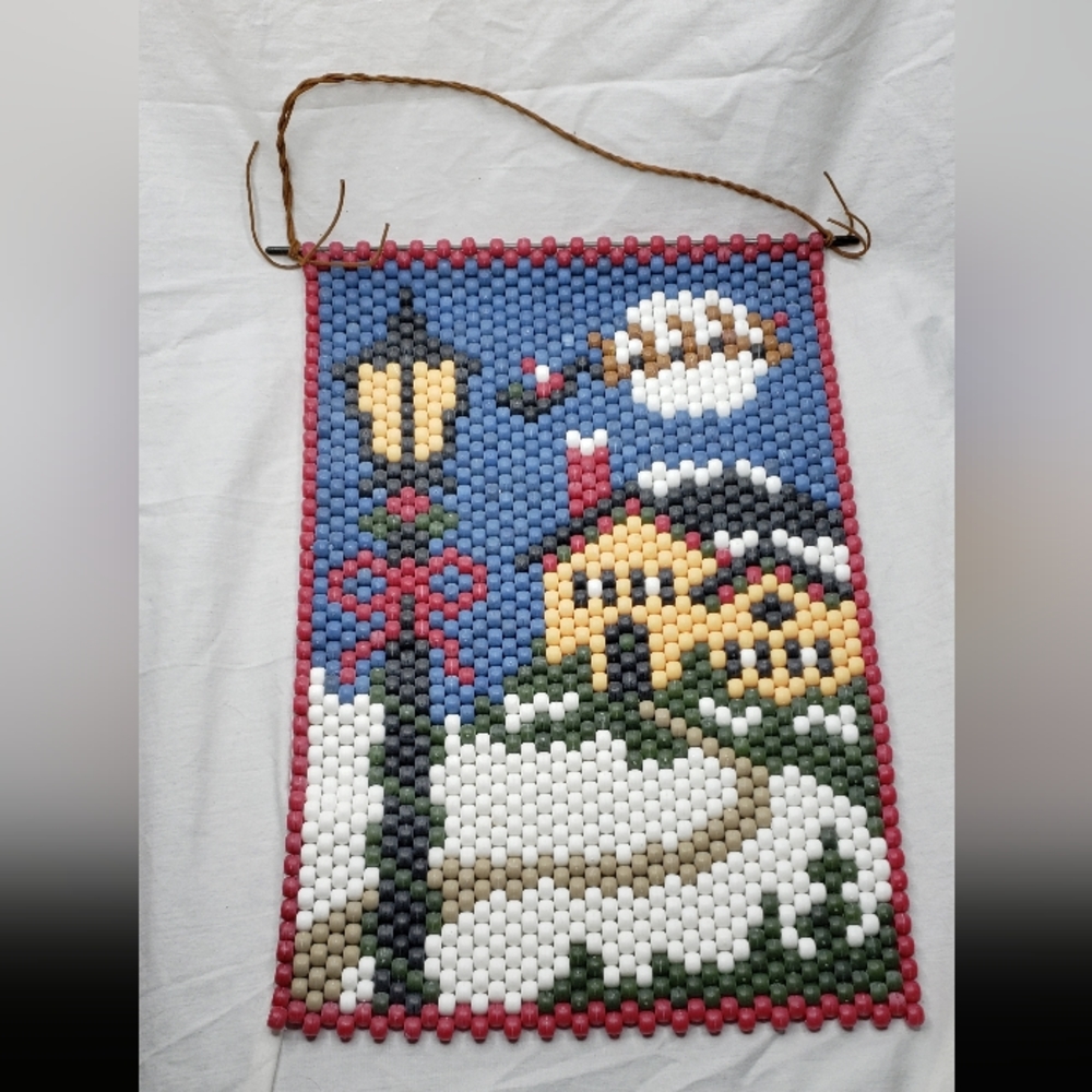 Vintage Beaded Banner Christmas House Santa Sled Reindeer